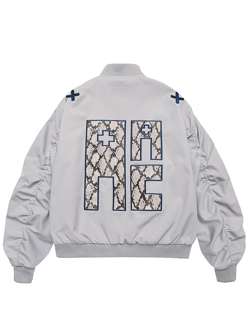 View of Streetwear Bomber Jacket with Faux Snakeskin Letters Embroidery – GarbneX
