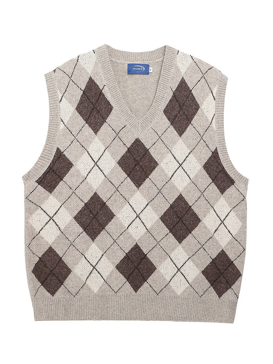 Argyle Knit Sweater Vest – Classic V-Neck Pullover with Wool Blend