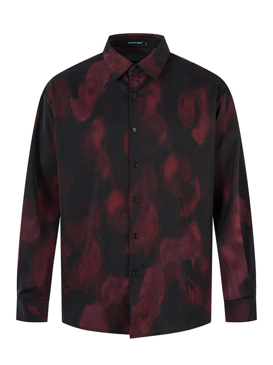 Abstract Burgundy Print, Casual Streetwear Long Sleeve Button Up Shirt