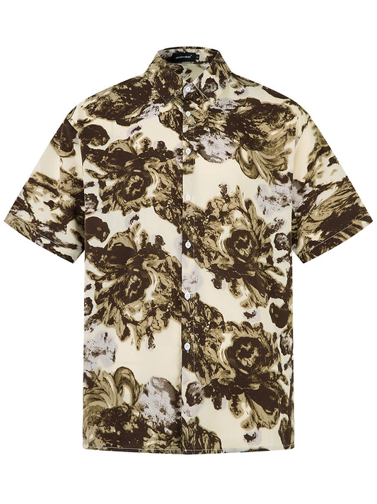 Abstract Print Shirt – Khaki Floral Pattern, Loose Fit, Summer Top