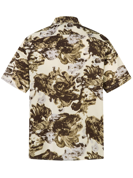 Abstract Print Shirt – Khaki Floral Pattern, Loose Fit, Summer Top