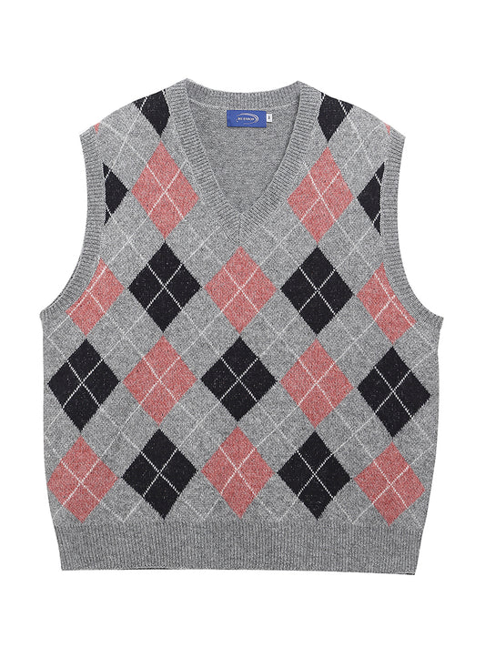Argyle Knit Sweater Vest – Classic V-Neck Pullover with Wool Blend
