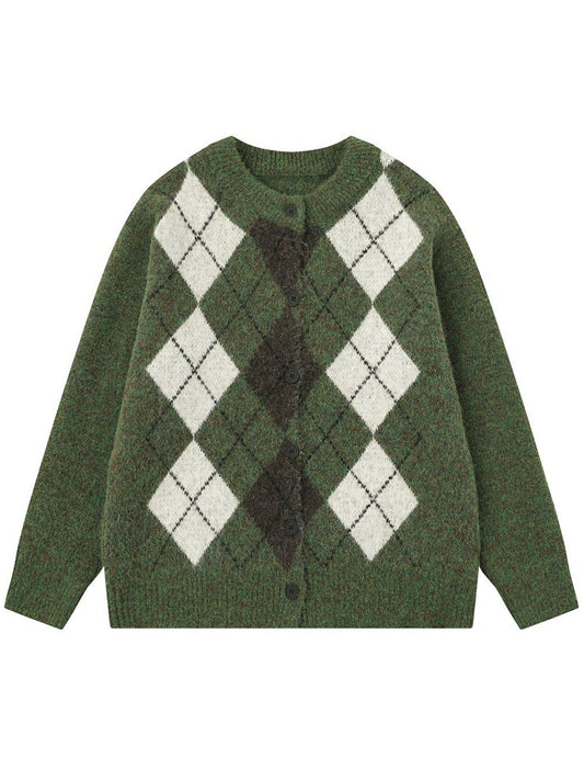 Argyle Knitted Cardigan Sweaters – Retro Plaid Pullover Casual Vintage