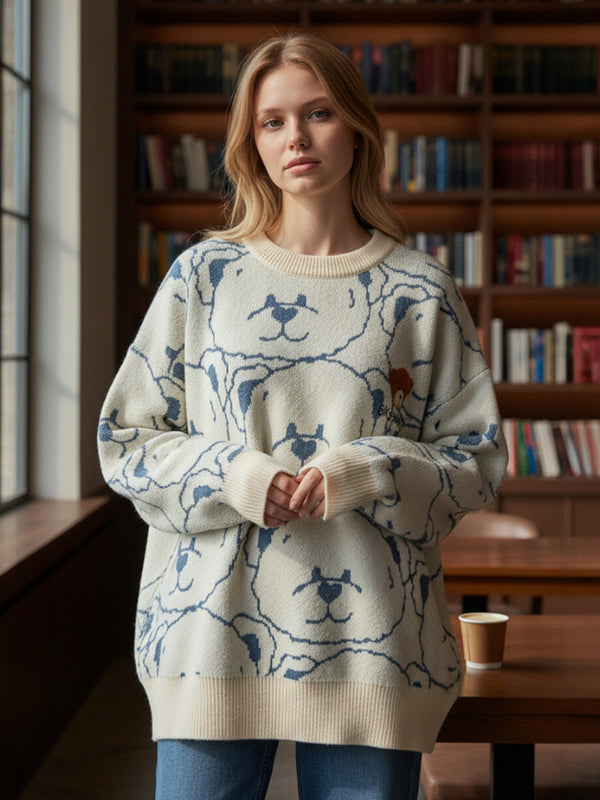 Cute Cartoon Jacquard Sweater - Streetwear Warm Knitted Pullover Top