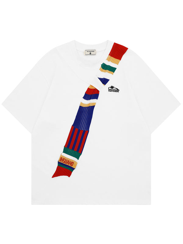Streetwear T-Shirt with Knitted Scarf Patchwork Casual Cotton Tops