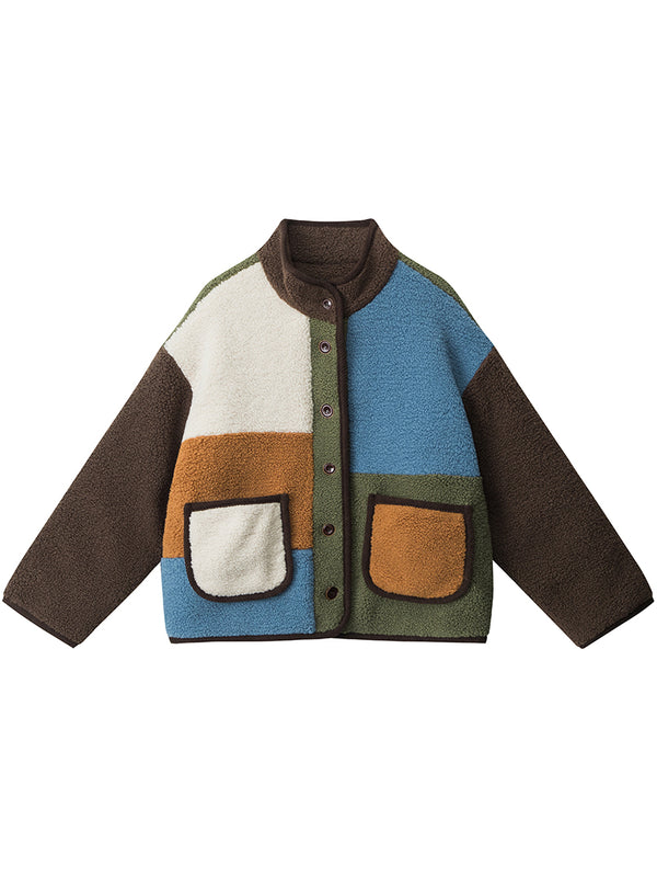 Patchwork Color Block Fleece Jacket – Oversized Casual Streetwear