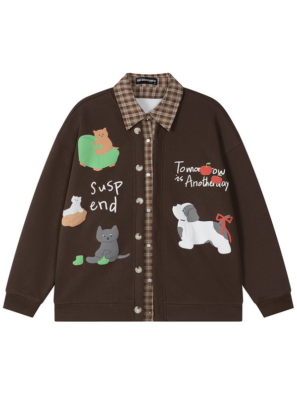 Streetwear Layered-Look Oversized Sweatshirt with Cartoon Animal
