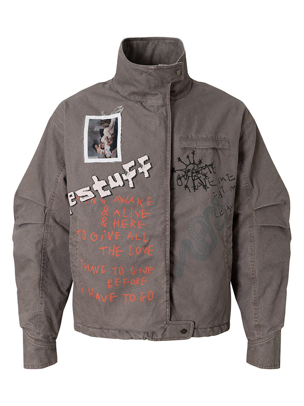 Vintage Washed Graffiti Collage High Neck Cotton Padded Jackets