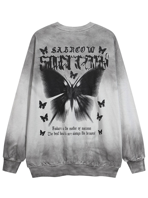 Streetwear Gradient Butterfly Printed Grunge Washed Sweatshirts