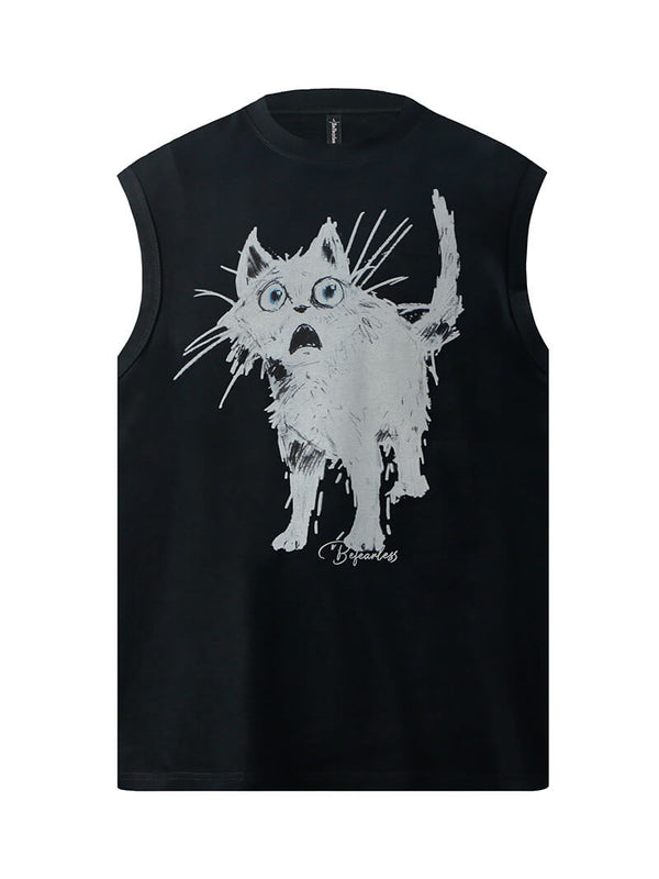 Scared Cat Graphic Printed Streetwear Vests Sleeveless Tshirts