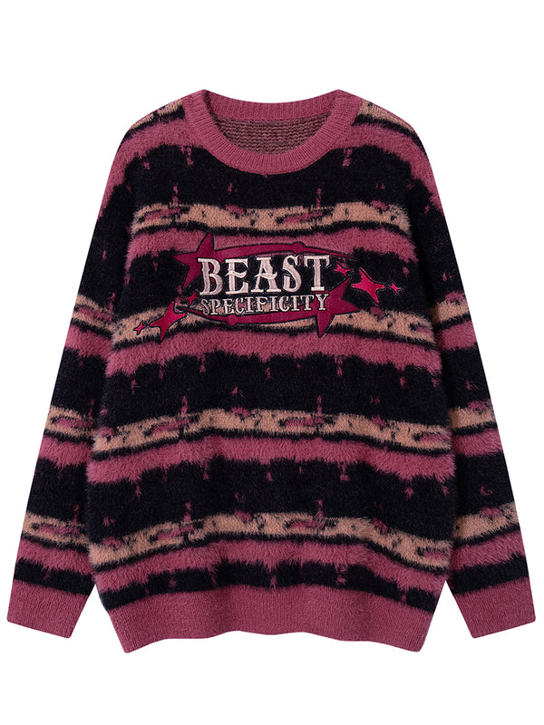 Imitation Mink Striped Embroidered Soft Knitted Jumper Sweaters