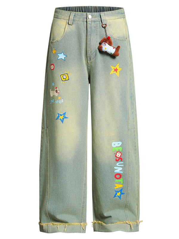 Cute Cartoon Dog Embroidery Wide-Leg Jeans Casual Streetwear Denim Pants