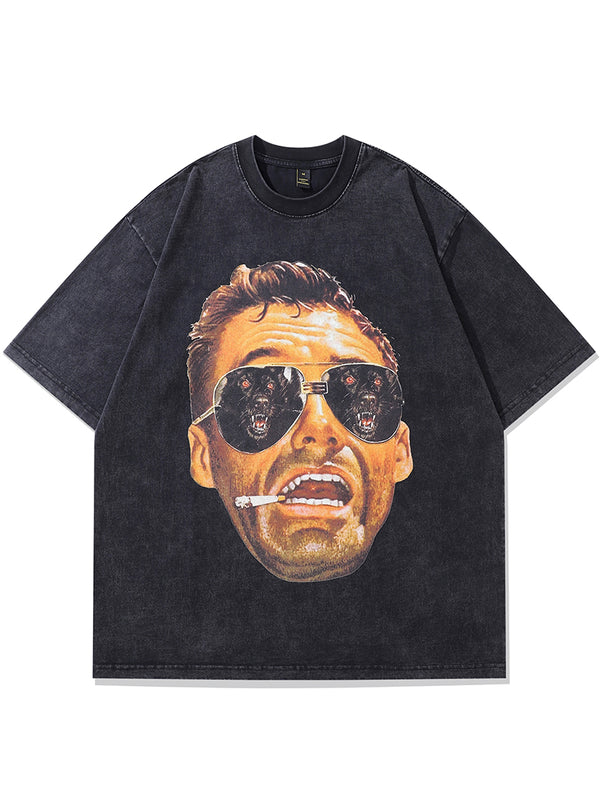 Frightened Man Graphic Print Streetwear Oversized Washed T-Shirts