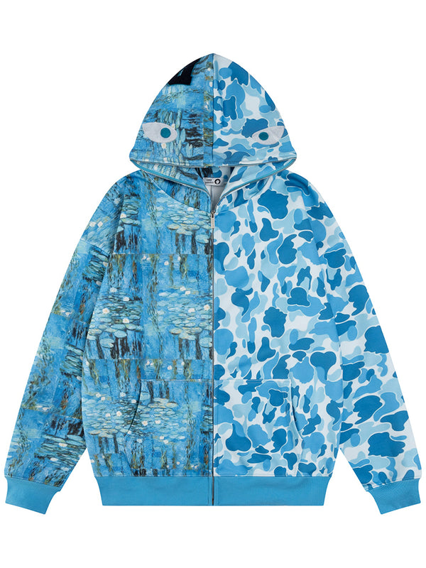 Streetwear Zip Up Patchwork Hoodies Impressionist Painting & Camo Split