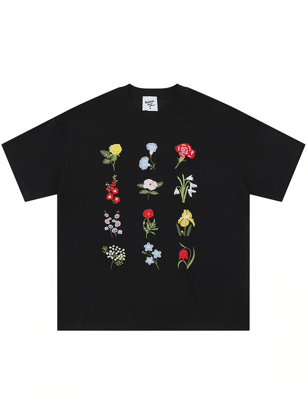 Floral Embroidered Unisex T-Shirt - Streetwear Casual Oversized Tees
