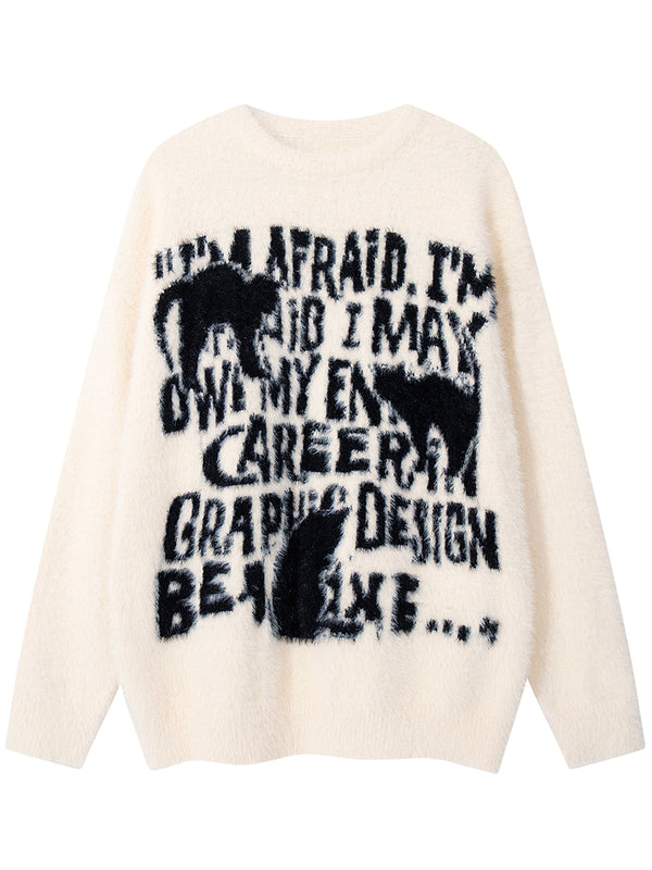 Streetwear Soft Faux Mink Fur Graphic Knitted Sweaters Pullover