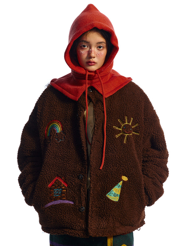 Vintage Rainbow Embroidery Faux Sherpa Padded Jacket Coats