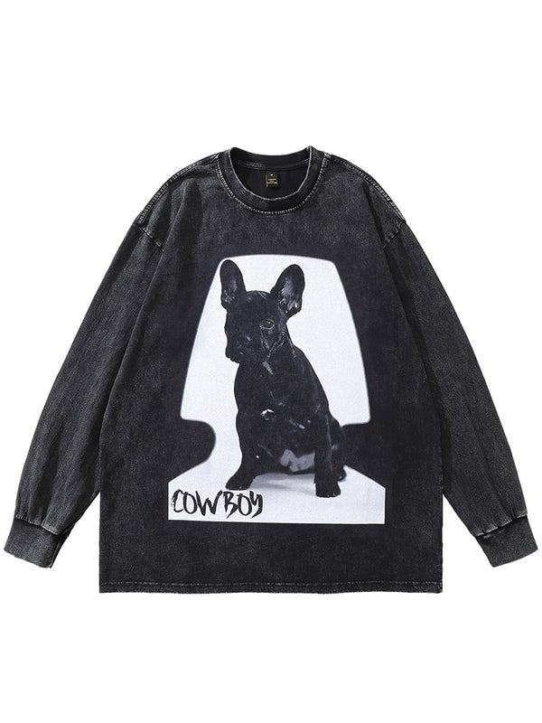 Unisex Washed French Bulldog Graphic Long Sleeve Cotton T-Shirts