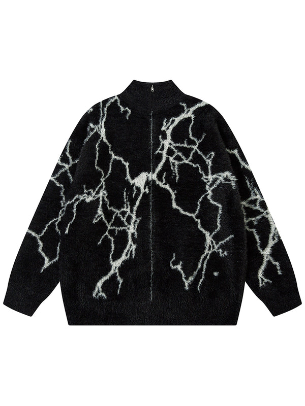 Faux Mink Fur Lightning Jacquard Knitted Sweater Cardigans