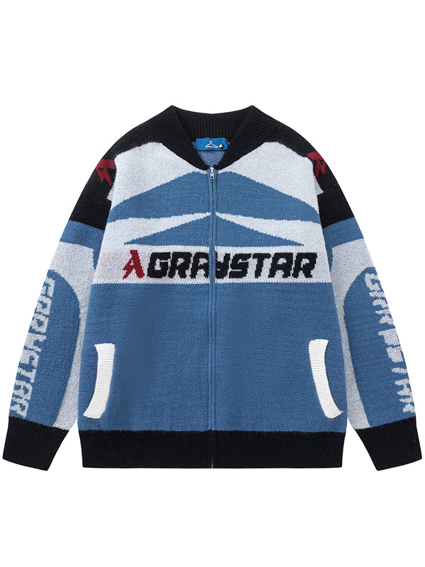 Racing Motorcycle Baseball Zip Up Knitted Sweaters Cardigan