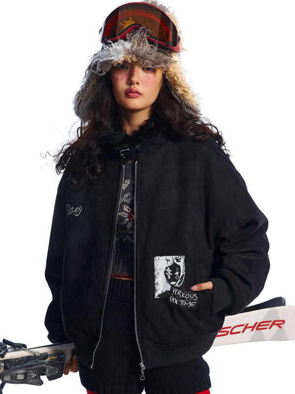 Faux Fur Collar Embroidery Gothic Suede Padded Jacket Coats