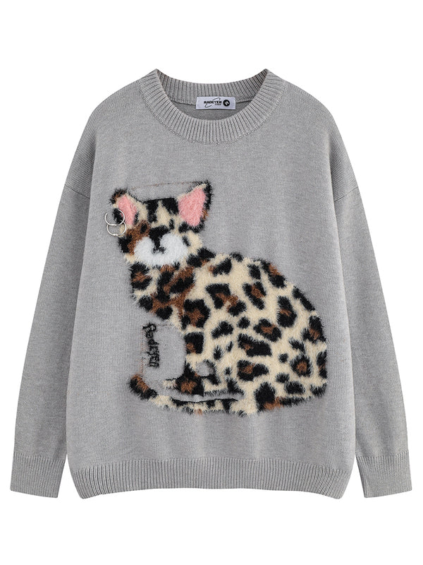 Fuzzy Leopard Dog Graphic Knitted Sweater Streetwear Oversized Pullovers