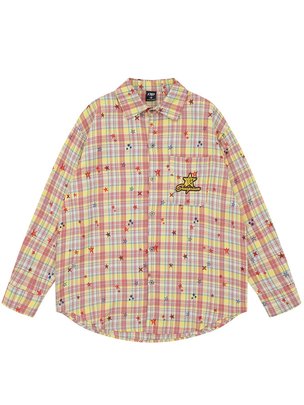 Streetwear Oversized Long Sleeve Plaid Shirts with Embroidered Star