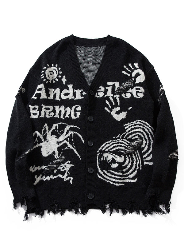 Streetwear Distressed Graphic Punk Gothic Knitted Sweaters Cardigan