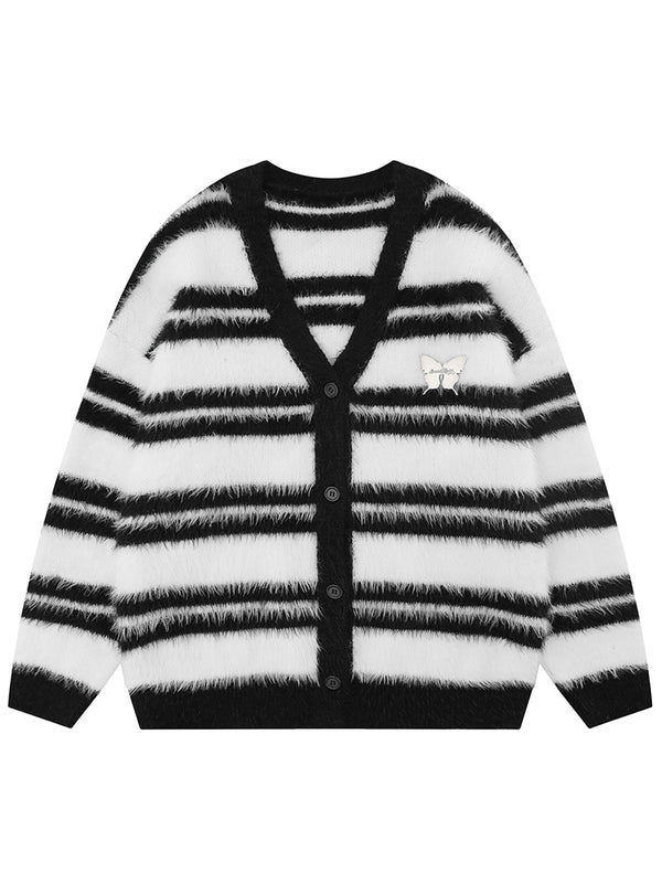 Stylish Striped Fuzzy Knitted Cardigan V-neck Casual Sweaters