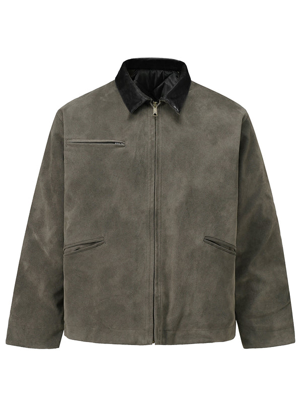 Faux Suede Zip-Up Jacket with Contrast Collar – Classic PU Outerwear