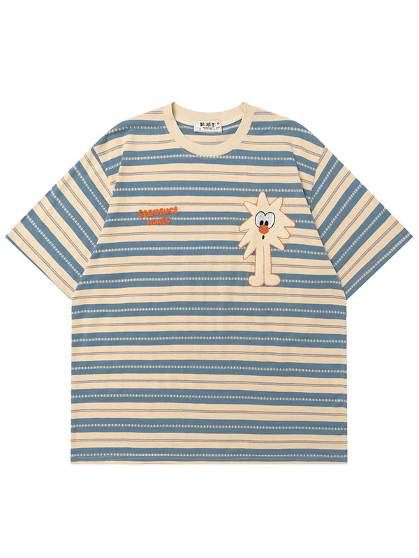 Striped T-Shirt with Cartoon Dog Patch – Casual Streetwear Tee