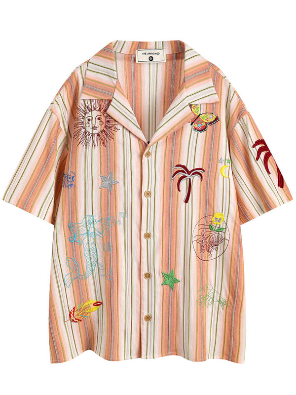 West Coast Hawaiian Style Embroidered Vintage Striped Casual Shirts