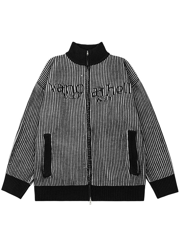 Streetwear Vintage Striped Full-Zip Knitted Sweaters Jackets