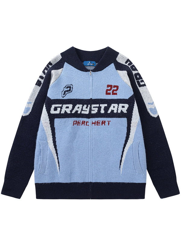 Patchwork Racing Motorcycle Baseball Zip Up Sweaters Cardigan