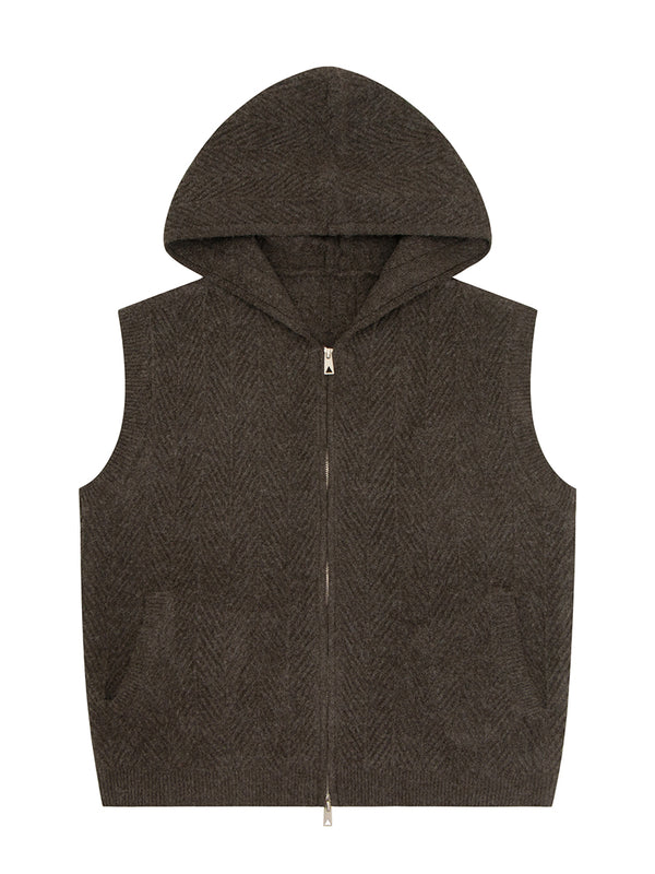 Wool Blend Knitted Hooded Vest Cardigan Sleeveless Zip Up Hoodies