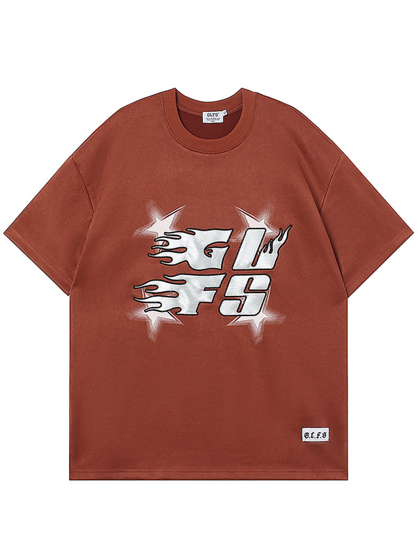 Streetwear Letter Flame Graphic Suede-Look T-Shirts Soft Touch