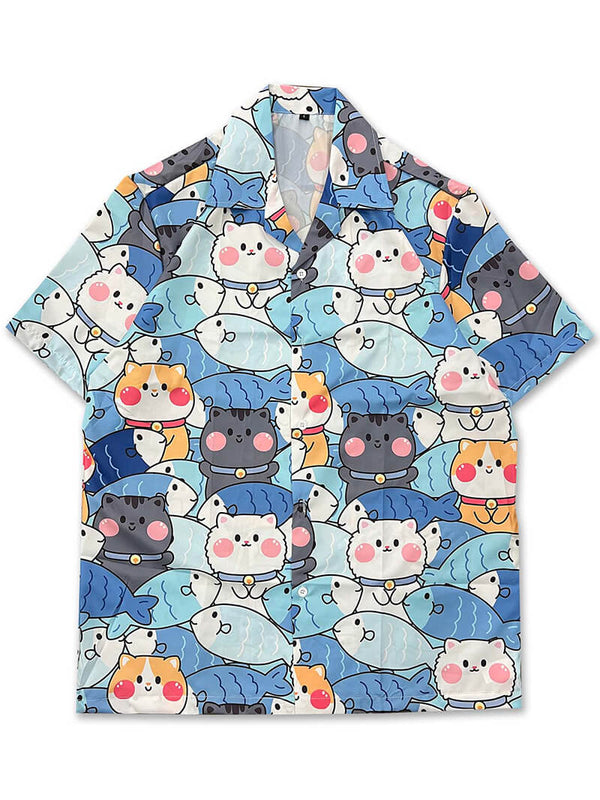 Cartoon Fish Cat Graphic Print Hawaiian Beach Shirts Tops