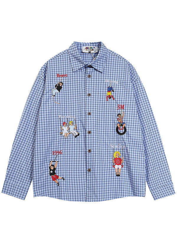 Streetwear Playful Embroidered Checkered Classic Button Up Shirts