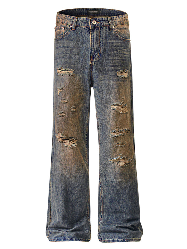 Vintage Distressed Straight Jeans Ripped Hole Denim Pants