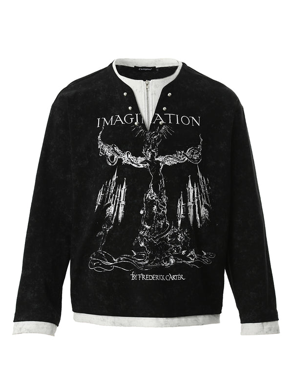 Vintage Artistic Print Long Sleeve Henley Shirt – Gothic Retro Style