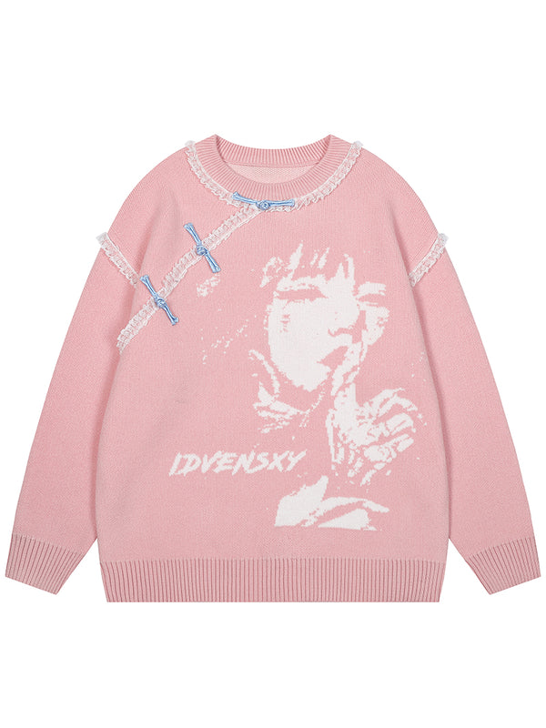 Women's Knitted Pullover Sweater with Lace Patchwork and Bow Details