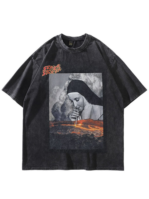 Vintage Funny Nun Graphic Print Oversize Washed Tshirts