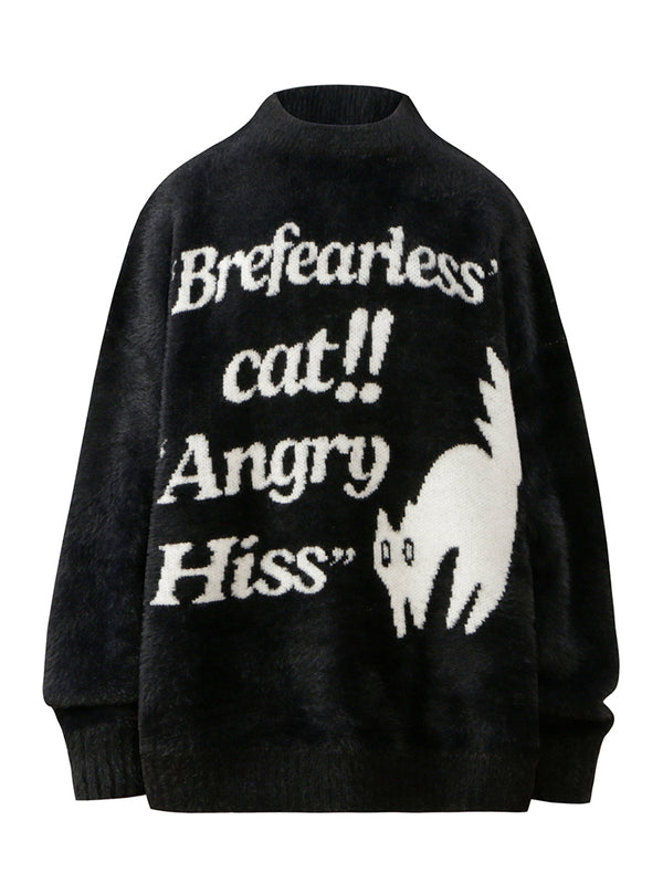 Streetwear Cozy Cat Letter Graphic Furry Knitted Pullover Sweaters