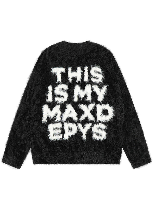 Streetwear Fluffy Faux Fur Letter Jacquard Pullover Sweaters