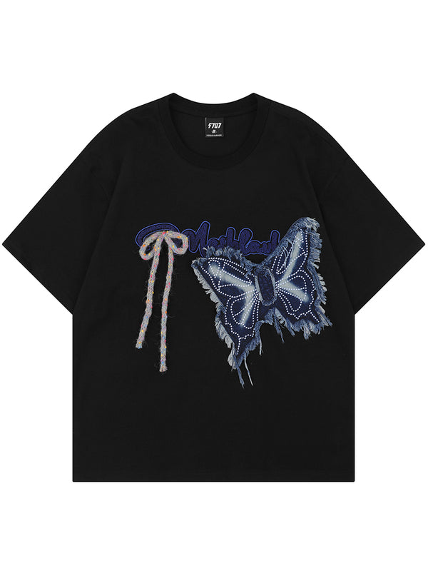 Vintage Denim Butterfly Patch Design T-Shirts – Casual Streetwear