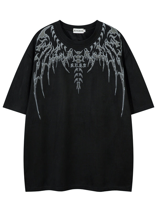 Suede-Look Graphic Printed T-Shirt with Printed Wing Design Punk Rock