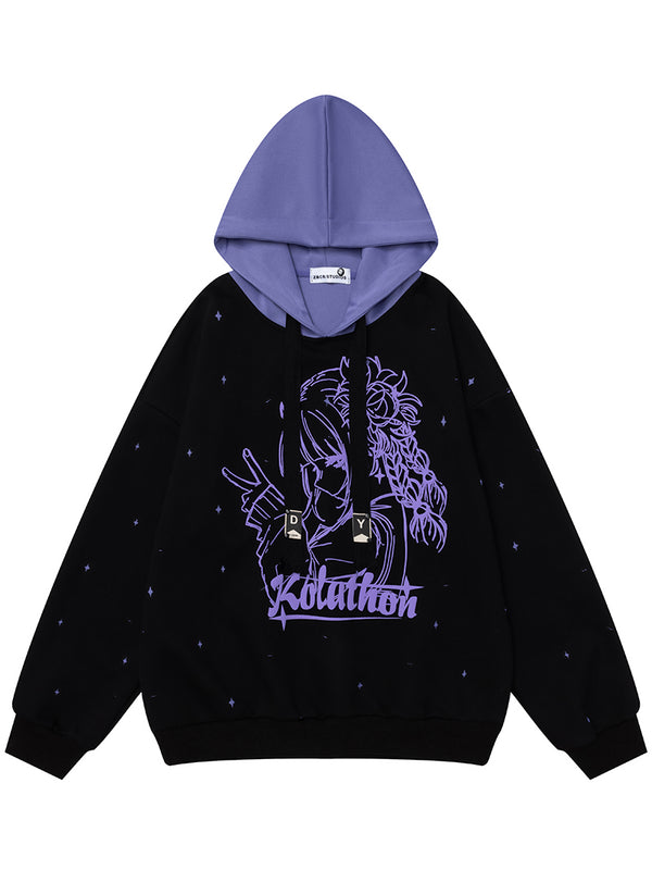 Streetwear Anime Graphic Oversized Pullover Hoodie with Color Block Hood