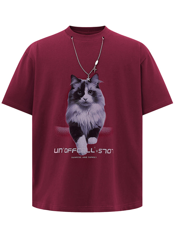 Casual Cat Print Graphic T-Shirt - Comfortable Cotton Streetwear