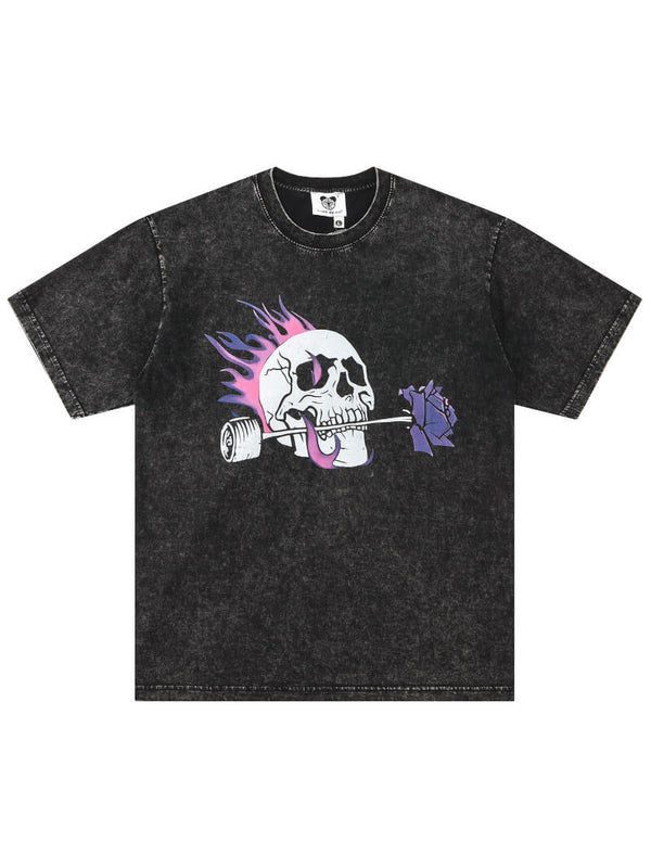 Flame Skull Skeleton Graphic Print Punk Washed Tshirts