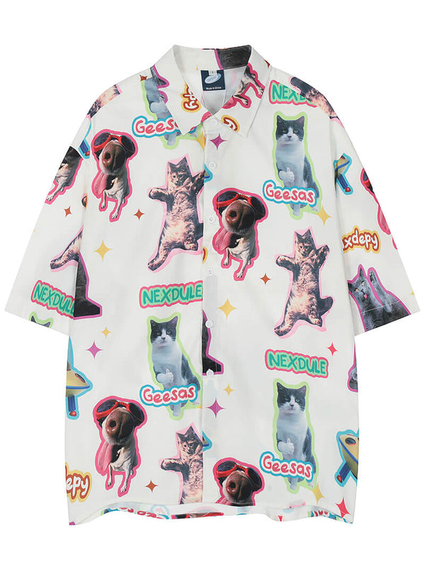 Cute Cartoon Dog Cat Full Printed Hawaiian Beach Shirts